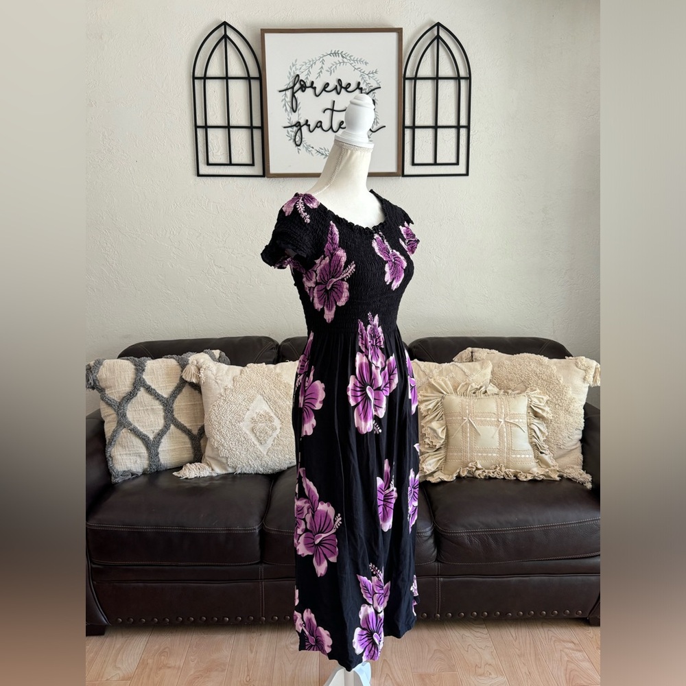 Hawaii Aloha Floral Print Midi Dress Ruched Bodice Beach Summer One Size Retro